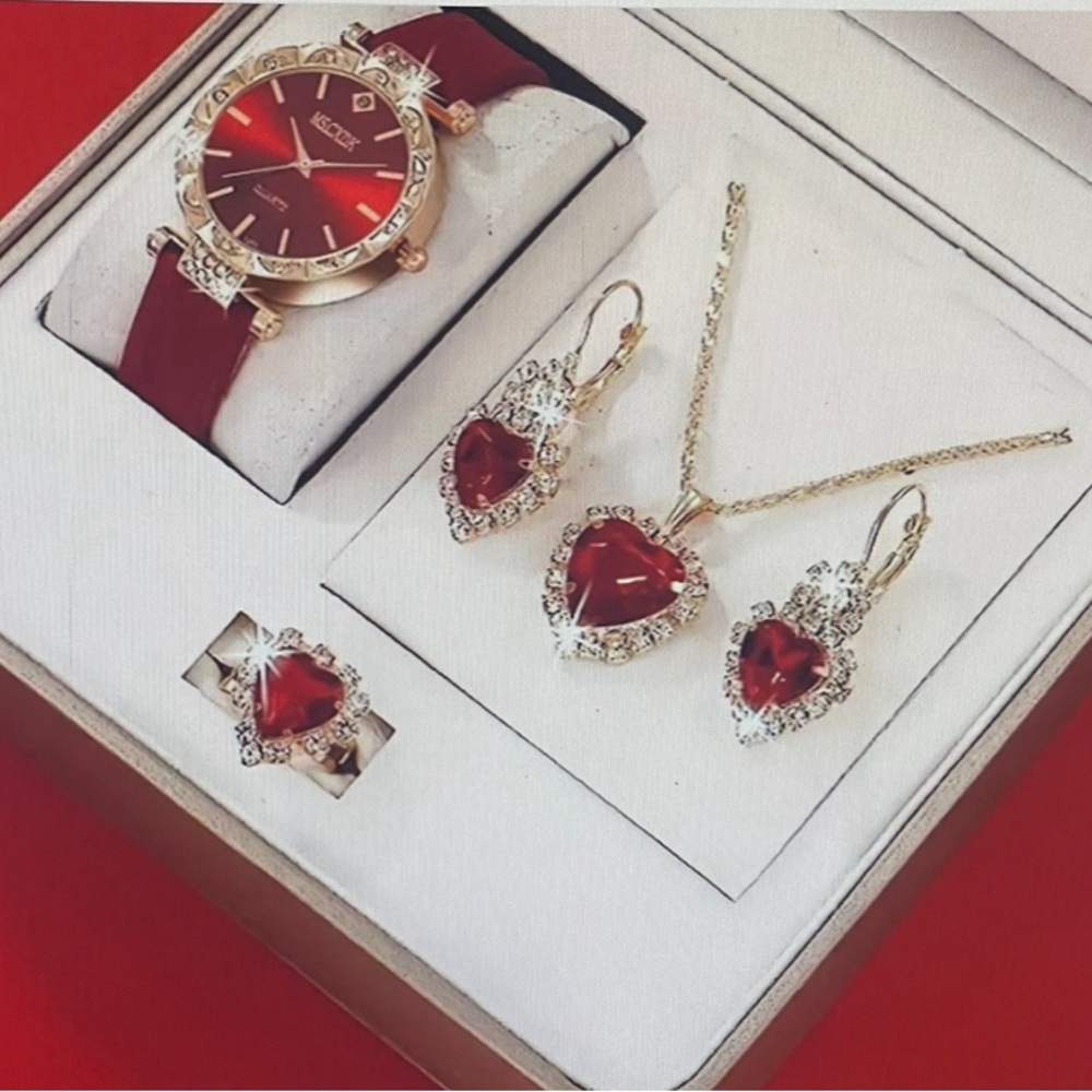 NEW- 5pcs Ladies' Quartz Watch,And Heart-shaped Necklace, Earrings, & Ri…